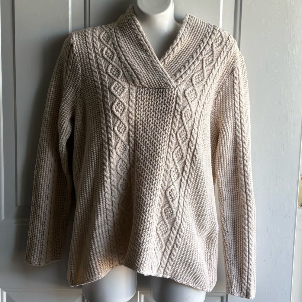 JEANNE PIERRE Cream VNeck Cable Knit Sweater size Medium 100% Cotton